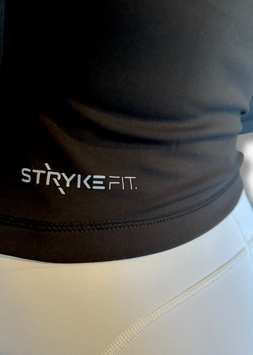 Close-up of a black athletic jacket with 'Stryke Fit' logo on a white background